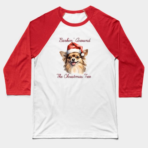 Christmas Longhaired Chihuahua Dog in Santa Hat Baseball T-Shirt by Pawsitive Curios